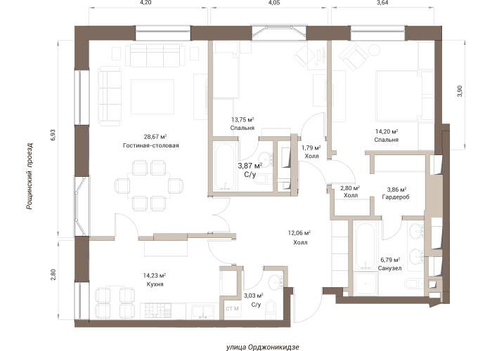 Трёхкомнатная квартира 105.05 м²
