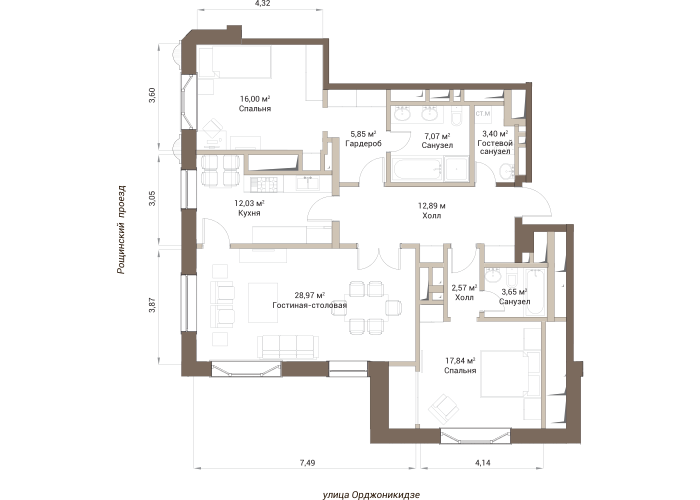 Трёхкомнатная квартира 110.27 м²